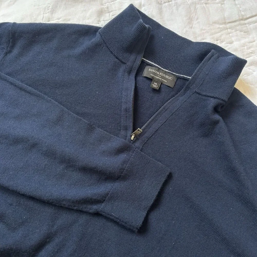 Banana Republic Merino Wool Sweater Men’s XL Navy Quarter Zip Pullover Preppy